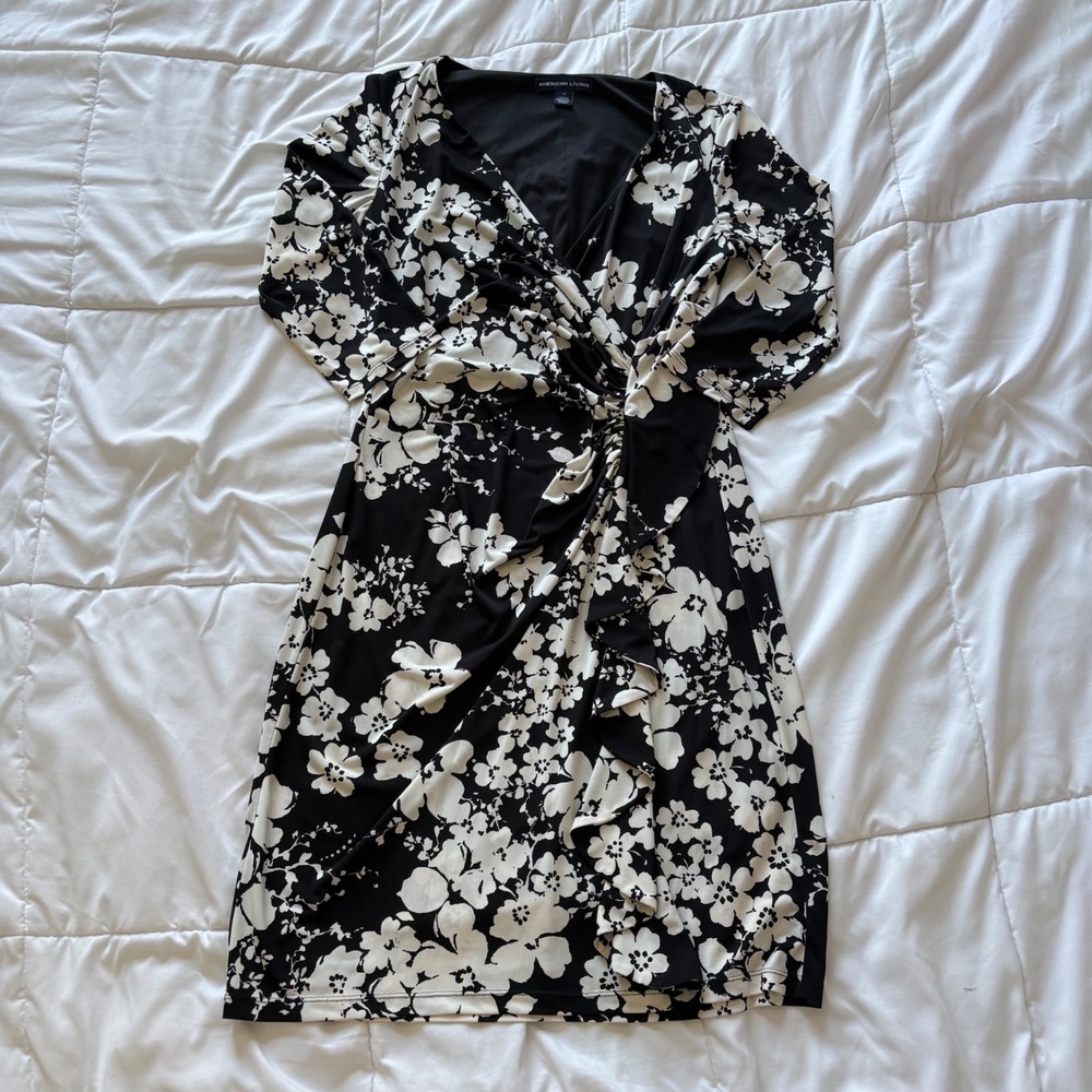 American Living Black White Floral Faux Wrap Ruffle Sheath Dress 12 Office Goth